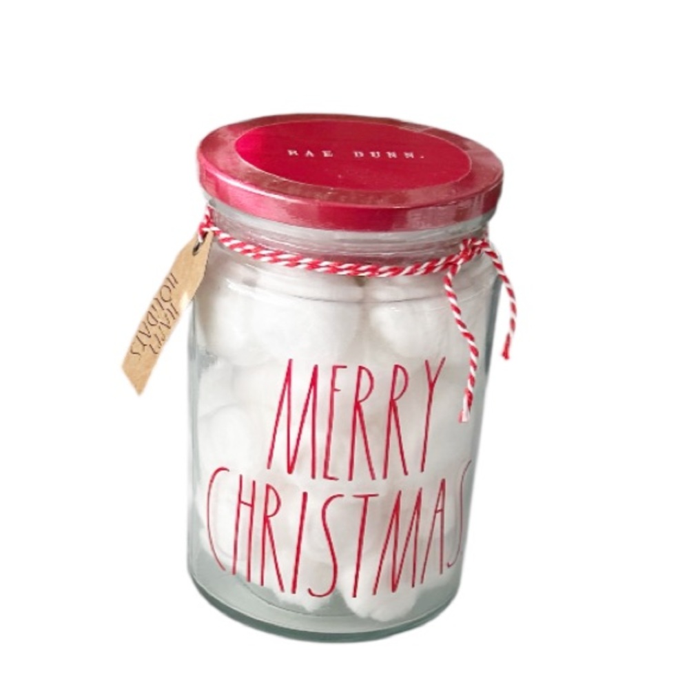 NEW Rae Dunn MERRY CHRISTMAS Cotton Balls Glass Jar w/Lid